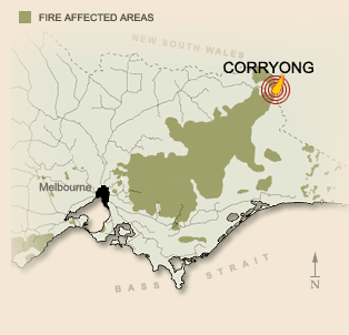 Areas affected by fire in the Black Friday bushfires