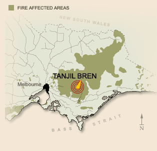 Areas affected by fire in the Black Friday bushfires